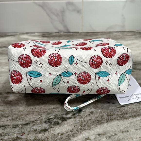 Cherry Disco Ball COSMETICS BAG Zipper Pouch Wristlet NEW Vegan Leather Peta - Picture 8 of 8